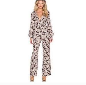 Free People Beige Floral Jumpsuit with Black and Burgundy Accents